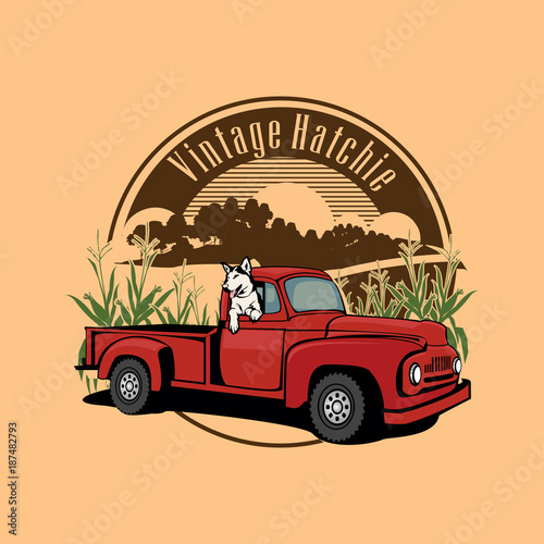 a dog in a truck of old  cornfields cartoon