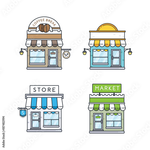 Fototapeta Naklejka Na Ścianę i Meble -  Vector set of store buildings. Shops design elements, icons in flat and outline style isolated on white background. Storefronts vector illustration