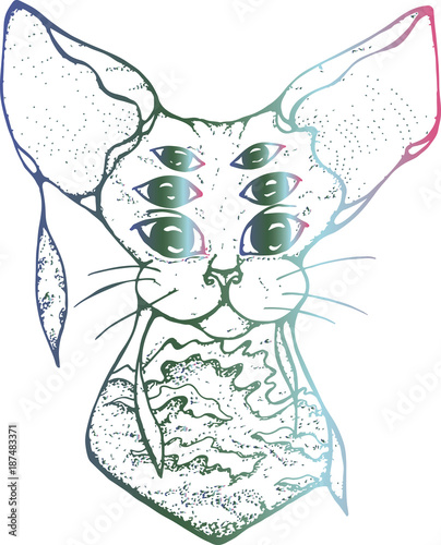 Illustration of a psychedelic cat with three pairs of eyes. The colorful cat is decorated with sea waves in Japanese style
