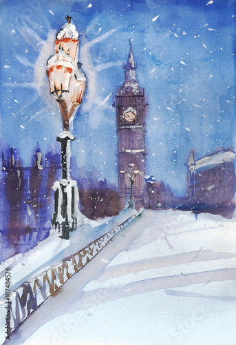 London night street view painting, streetlamp and Big Ben