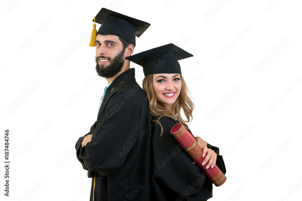 Portrait of two happy graduating students. Isolated over white background. Portrait of two happy graduating students. Isolated over white background.