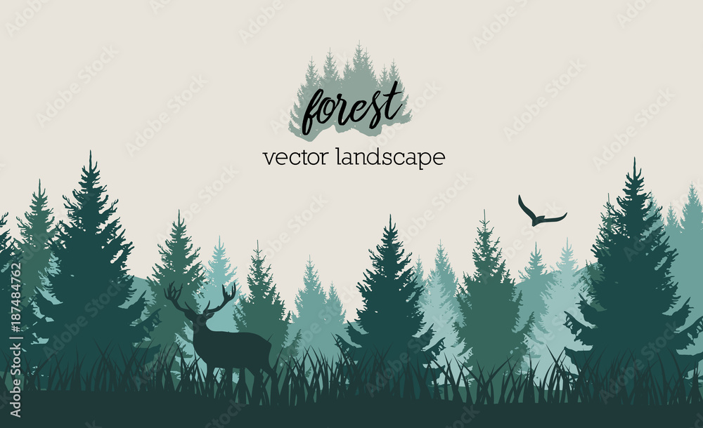 Naklejka Wektorowy rocznika lasu krajobraz z błękitem i grees sylwetkami drzewa i dzikie zwierzęta