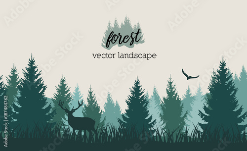 Vector vintage forest landscape with blue and grees silhouettes of trees and wild animals photo