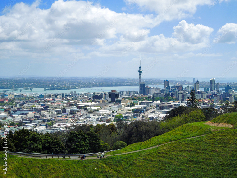 Fototapeta premium Auckland view with Sky Tower from the volcano, Volcanic crater, Mt Eden Domain, New Zealand North Island