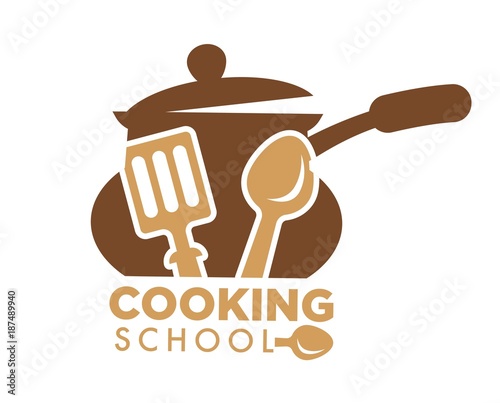 Cooking school promotional emblem with saucepan and cutlery
