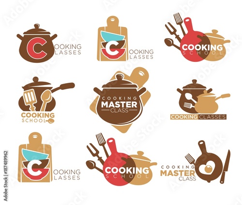 Cooking classes promotional emblems set with saucepans and cutlery