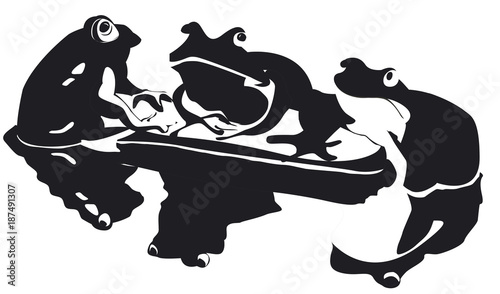 trois crapauds en noir et blanc sur une pierre