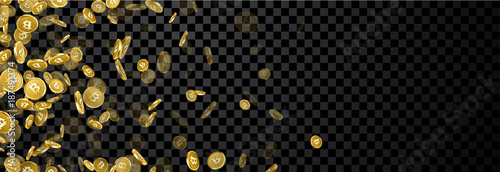 Banner with falling gold bitcoins.
