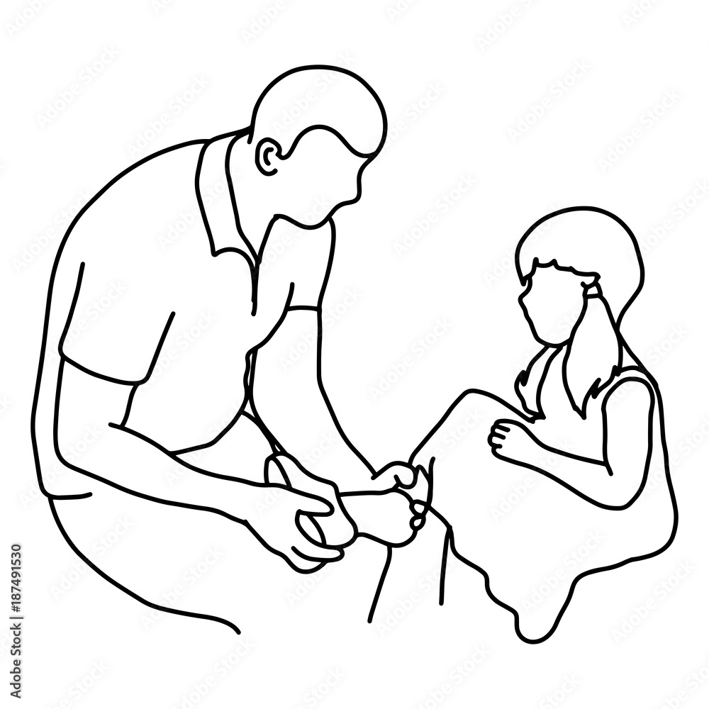 father putting a shoe on his daughter vector illustration outline sketch hand drawn with black lines isolated on white background father putting a shoe on his daughter vector illustration outline sketch hand drawn with black lines isolated on white background
