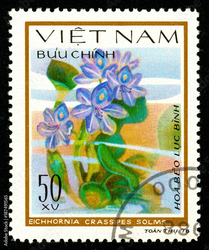 Ukraine - circa 2018: A postage stamp printed in Vietnam shows drawing flower Water hyacinth or Eichhornia crassipes. Series: Aquatic flowers. Circa 1978.