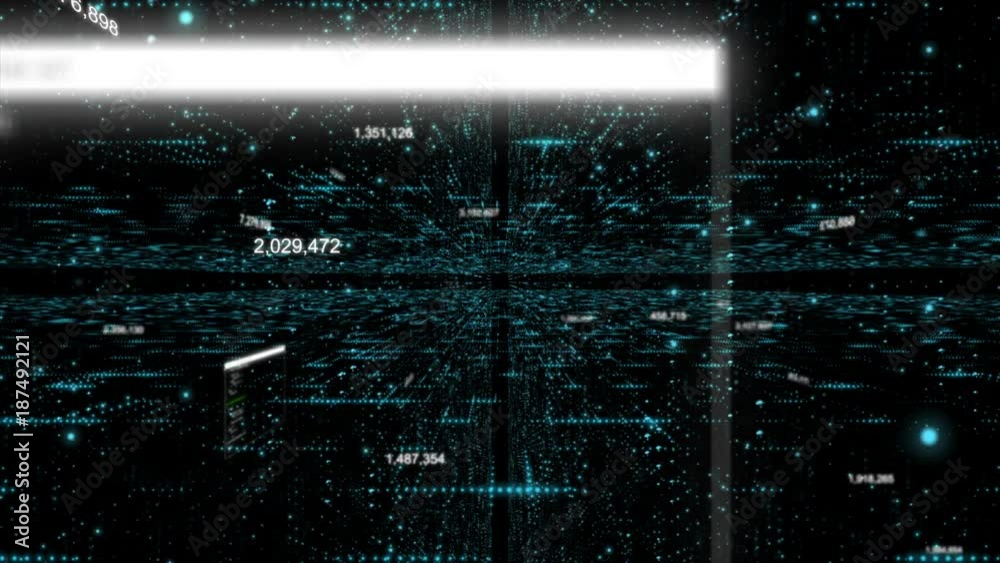 4K Abstract dark background flying pass through digital particle element for cyber digital technology concept with grain processed