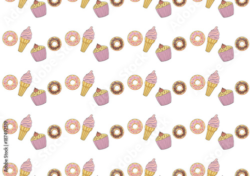 Vector illustration seamless pattern of ice cream, cupcakes and doughnuts