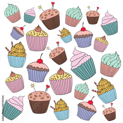 Vector cupcake illustration. Set of hand drawn cupcakes. Doodle cakes with cream and berries.