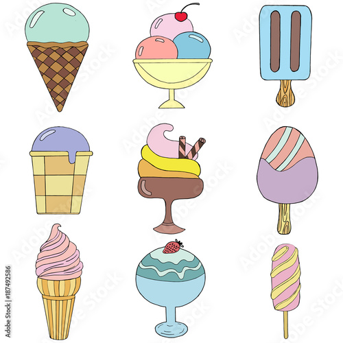 Cute hand drawn with different types of ice cream. Doodle texture with sweet desserts. Perfect background for cafe or restaurant menu.