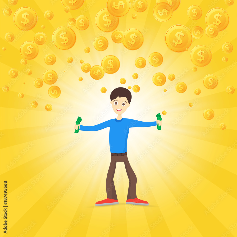 Young man is happy about money. Holds money in his hands. Gold coins are falling. Vector illustration