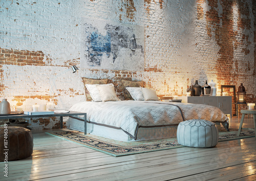 bett in Loft Wohnung mit Ziegelwand - bedroom in vintage brick loft apartment