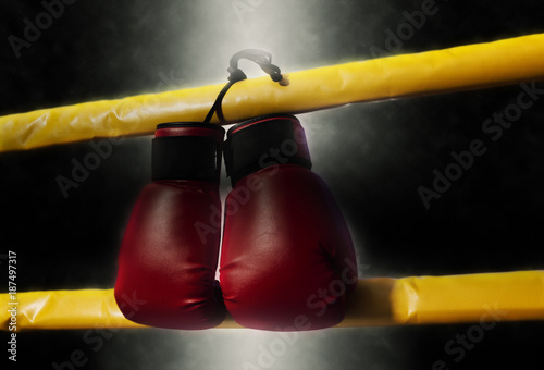 Red boxing gloves hangs off the boxing ring. Soft focus