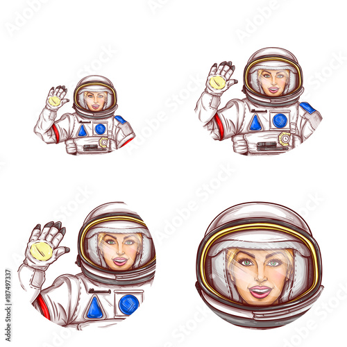 Vector set of female round avatars for users of social networks, blogs, profile icons in pop art style. Young smiling astronaut girl in a space suit waving her hand and sends a greeting