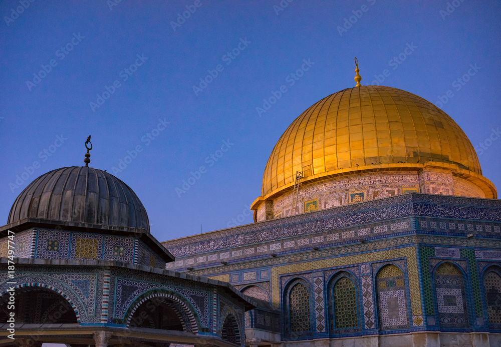 BAITULMUQADDIS, PALESTINE - 13TH NOV 2017; Dome of the Rock Islamic Mosque Temple Mount, Jerusalem. Built in 691, where Prophet Mohamed ascended to heaven on an angel in his 