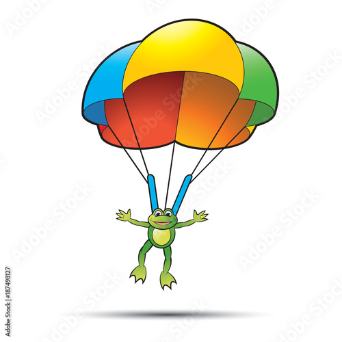 happy frog vector cartoon landing with colorful parachute