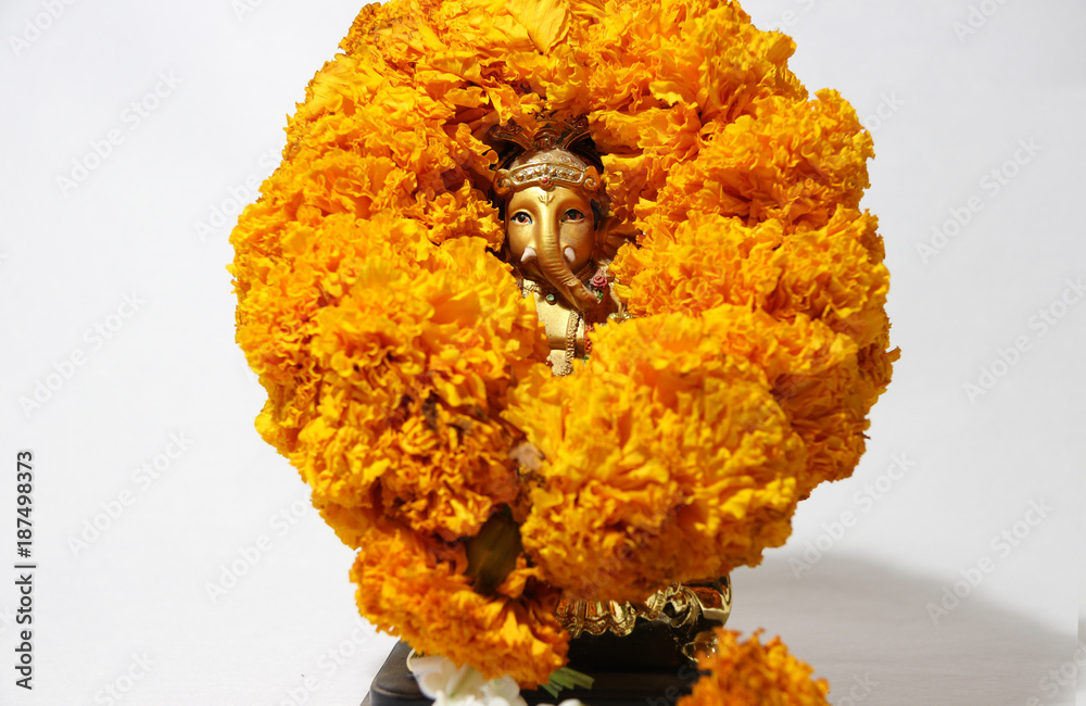 Mini Ganesha Made From Brass With Garland Yellow Marigold Flower And