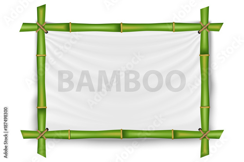 Creative vector illustration of bamboo stems frame isolated on background. Art design blank mockup template. Rope, paper, silk canvas. Abstract concept tropical signboard. Empty place for your text