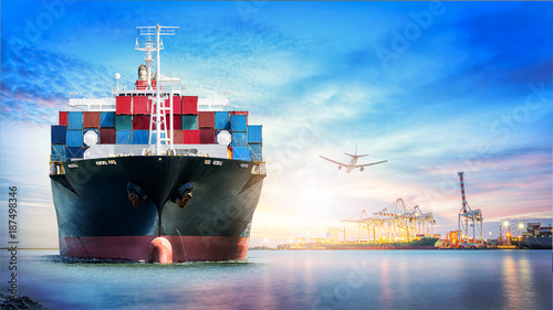 Logistics and transportation of International Container Cargo ship and cargo plane in the ocean at twilight sky, Freight Transportation, Shipping