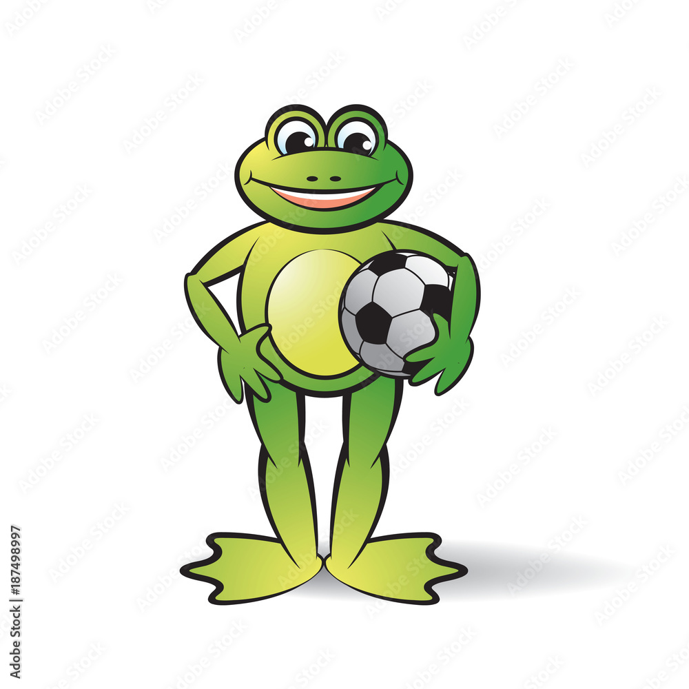 Fototapeta premium happy frog vector cartoon standing with foot ball