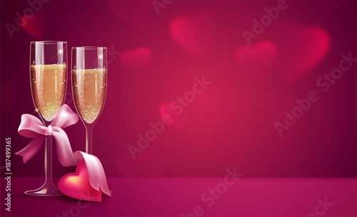 Two glasses of champagne with pink ribbon on pink background. Beautiful romantic background with place for text for Valentines day. Vetor illustration