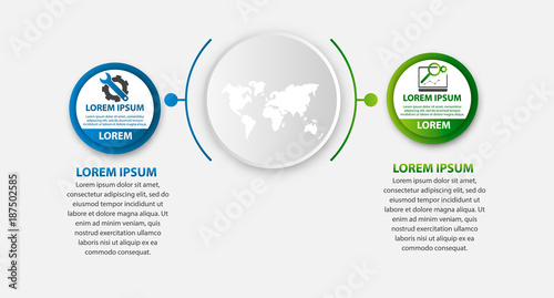 Modern vector illustration 3d. Template of circular infographics with two elements, circles. Contains map in the center. Designed for business, presentations, web design, diagrams with 2 steps