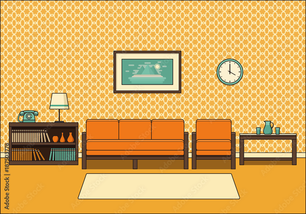 Living room retro interior. Line art room in flat design. Linear vector ...