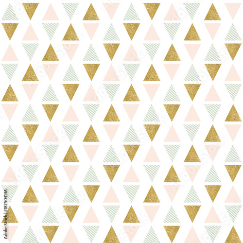 Abstract seamless geometric pattern. Geometry gold, pink and green triangles texture.