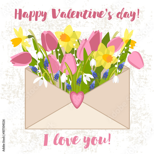 Greeting card with flowers in the letter and text happy valentine's day