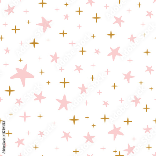Hand drawn seamless pattern decoreted gold pink stars for Christmas backgound or baby shower wallpaper