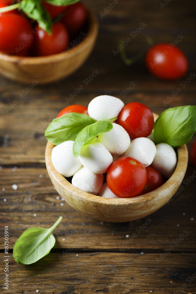 Italian antipasto with mozzarella, tomato and basil