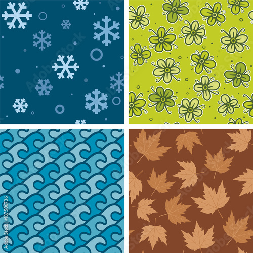 Four seasons seamless patterns. Four seamless patterns, one for each of the seasons of the year.