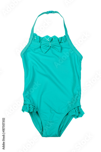 Green swimsuit for children. Isolate on white