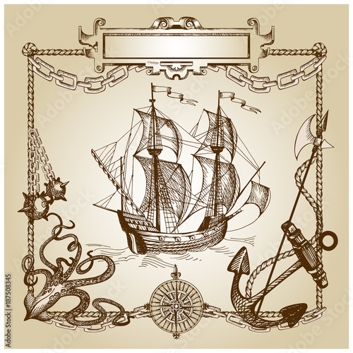 Adventure stories. Pirate background. Vintage border frame. Old caravel, vintage sailboat, sea monster.