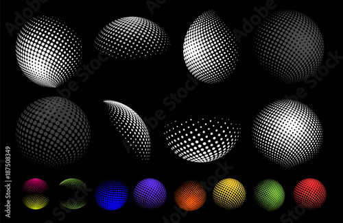 Set of abstract globe dotted sphere, 3d halftone dot effect. Earth shape. It can be used as logo, icon. Vector illustration. Isolated on black background