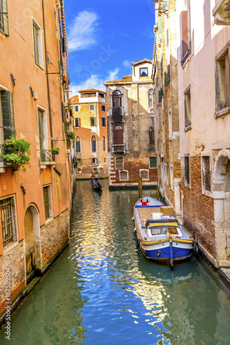 Gondola Touirists Colorful Small Side Canal Bridge Venice Italy © Bill Perry
