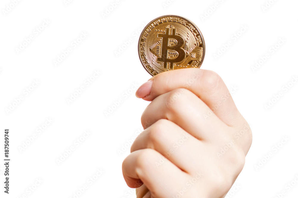 Close-up of hand holding Bitcoin on white background Close-up of hand holding Bitcoin on white background