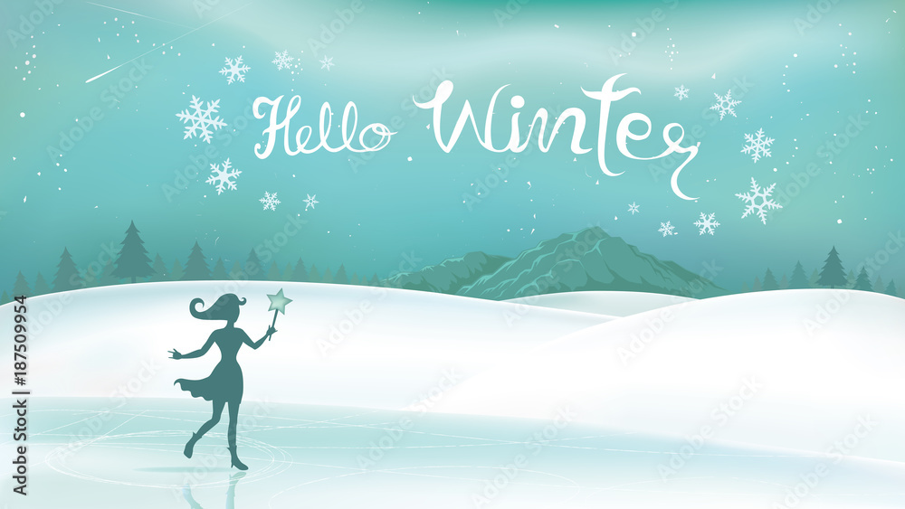 Winter landscape and fairy magical with Lettering hello winter. Background with snowflakes and mountains. Cartoon design in natural style for holidays and festivals.