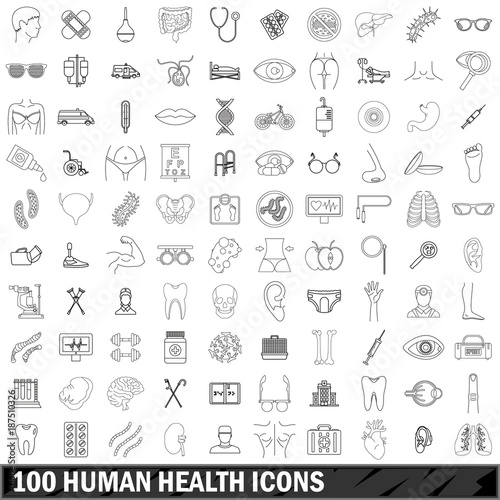100 human health icons set, outline style