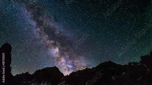 Milky way Time Lapse and stars rotating over the majestic Italian French Alps in summertime. 