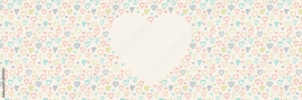 Concept of banner with hand drawn hearts and copyspace. Valentine's Day, Mother's Day or Women's Day. Vector.