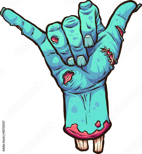 Severed zombie hand making the hang loose hand sign. Vector clip art illustration with simple gradients. All in a single  layer. 