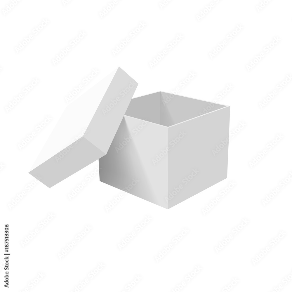 White empty box with an open lid isolated on a white background. Vector illustration White empty box with an open lid isolated on a white background. Vector illustration
