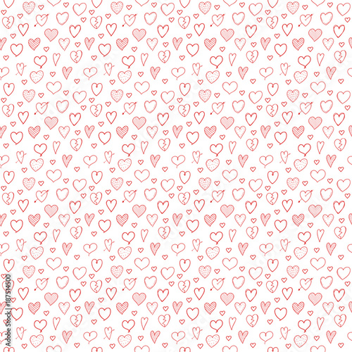 Seamless texture with hand drawn hearts for Valentine's Day, Women's Day or Mother's Day. Vector.