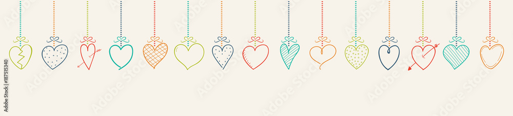Hanging hand drawn hearts - panoramic header. Vector.