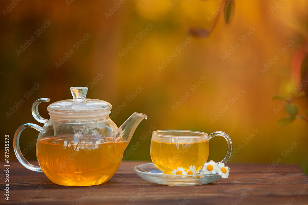 green tea with chamomile in cup green tea with chamomile in cup
